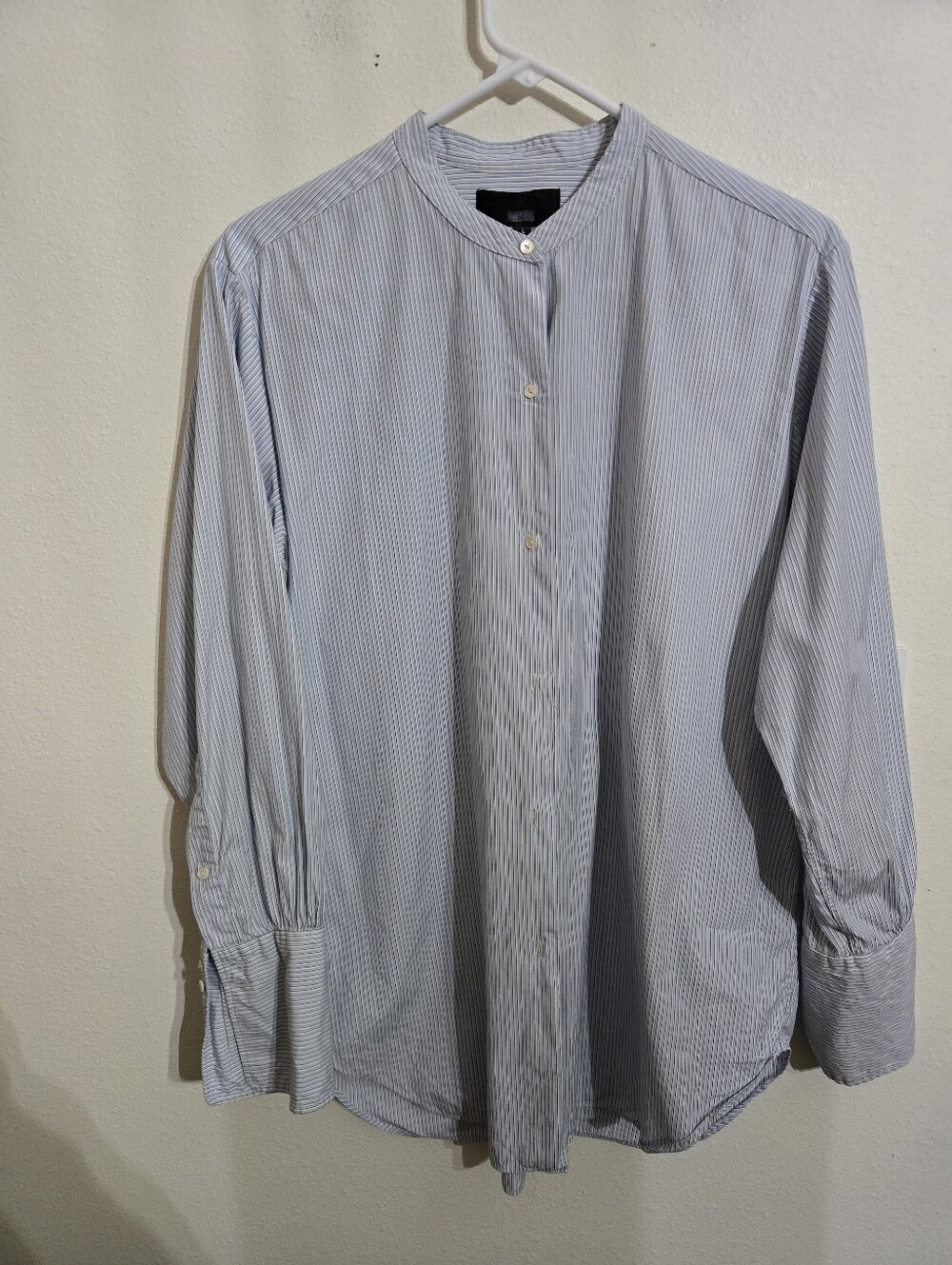 Nili Lotan Light Blue & White Striped Mandarin Collar Shirt Blouse.